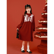 儿童秋冬款裙子女童新年过年连衣裙中国风红色拜年服公主裙中大童