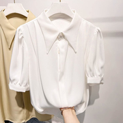 欧货2024夏季尖领白色短袖雪纺衬衫女设计感衬衣小众洋气上衣