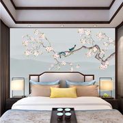 20232023新中式卧室床，y头背景墙布装饰壁画，壁布主卧壁纸花鸟