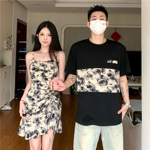 小众设计感情侣装夏季2023韩版短袖t恤女连衣裙法式一裙一衣ins潮