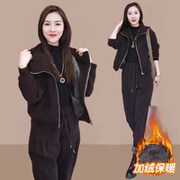 加绒加厚运动服套装女2024秋冬新款洋气宽松雪尼尔连帽卫衣两件套