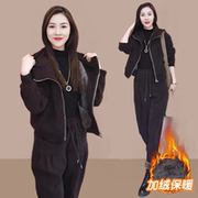 加绒加厚运动服套装女2023秋冬洋气宽松雪尼尔连帽卫衣两件套