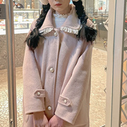 酱果自制可爱粉色中长款娃娃，领蕾丝花边木耳边毛呢，外套呢子大衣女