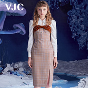 VJC/威杰思秋冬女装法式咖色格纹吊带连衣裙撞色修身裙