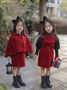 nani童装女童双面呢斗篷外套，圣诞裙红色蝴蝶结羊毛连衣裙新年套装