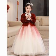 儿童礼服红色公主裙，秋冬女童主持人，花童婚礼小女孩高端钢琴演出服