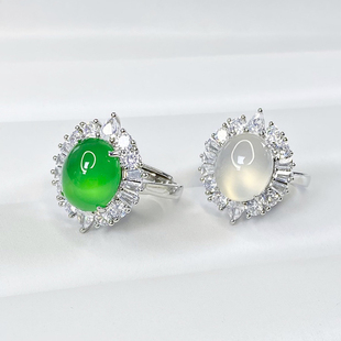 天然冰种玉髓戒指女款翡翠色玉石镶嵌宝石，帝王绿玛瑙可调节戒指环