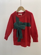 jinggle女童圣诞款毛衣裙红色，中长款套头毛衣，圆领雪尼尔毛衣
