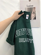 日系复古墨绿色短袖T恤女夏设计感小众半袖体恤宽松学生chic上衣