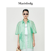 新能量(新能量)色彩，玛丝菲尔夏季款，绿色轻薄透感休闲短袖衬衫女