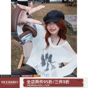 beerbro美式破洞套头毛衣女(毛衣女，)春秋2023宽松设计感防晒长袖上衣薄款