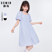 森马连衣裙女2023夏季方(夏季方)领木耳边泡泡，袖肌理短款裙子蓝色短裙