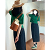 韩版复古高级感洋气简约短袖，圆领短款绿色，薄款针织衫开衫上衣女夏