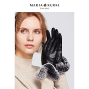 MARJAKURKI玛丽亚古琦真皮手套冬季女士黑色兔毛防风羊皮保暖手套