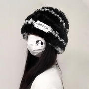 毛线帽子女冬季针织条纹，显脸小毛绒保暖加厚大头围护耳堆堆帽