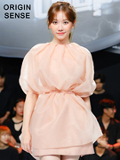 中袖遮肉斗篷袖橘粉色温柔风，欧根纱仙气系腰带超短小个子蓬蓬裙