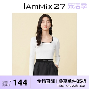 IAmMIX27圆领套头针织衫女个性截短式撞色字母提花休闲针织套头衫