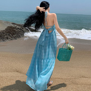 薄荷绿v领挂脖吊带，连衣裙夏季巴厘岛三亚海边度假长裙沙滩仙女裙