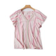 b22棉麻衬衣女夏季外贸女装，休闲百搭条纹，衬衫v领短袖蕾丝上衣