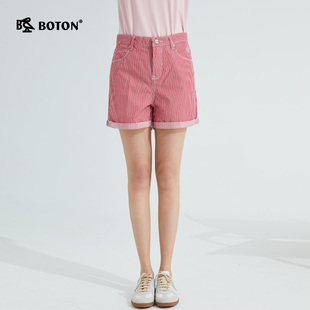 波顿宽松版竖条纹休闲短裤，女装外穿夏季时尚，百搭显瘦纯棉中裤热裤