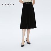 LANCY/朗姿秋季丝绒黑色半身裙高腰显瘦通勤高级感复古裙子女