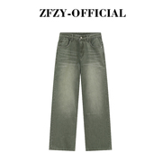 ZFZY美式复古水洗做旧浅绿色牛仔裤男女潮牌宽松直筒阔腿拖地长裤