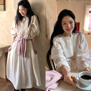 韩国chic春季法式复古重工蕾丝拼接收腰显瘦喇叭袖连衣裙女