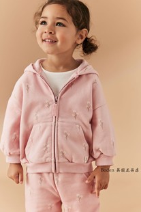 NEXT儿童卫衣 2024春秋季女童粉红花朵连帽加绒运动衫3月-7歲