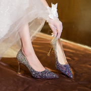 婚鞋女2024结婚新娘婚纱，水晶鞋细跟尖头亮片，高跟鞋伴娘礼服鞋