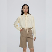 mest2022春夏浅黄色长袖系带，衬衫纯色通勤单排扣棉质女上衣