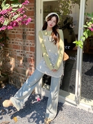 韩系套装女夏季镂空蕾丝，吊带连衣裙叠穿黄色打底衫t恤减龄两件套