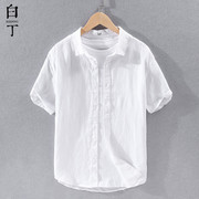 夏季日系复古薄款高级感半短袖亚麻衬衫男宽松休闲冰丝感衬衣白色