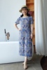 夏季圆领连衣裙气质妈妈雪纺，褶皱清凉透气薄款裙子，蓝色印花