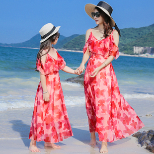 母女装沙滩雪纺长裙，海南泰国旅游海边装2022亲子装洋气吊带裙