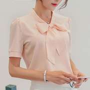 春夏2024韩版女装修身大码纯色打底衫短袖，衬衫女雪纺衫上衣
