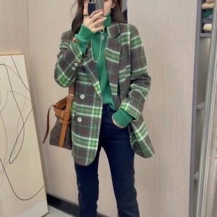 2024韩版绿格子西装外套女秋冬设计感小众高级感小个子上衣潮