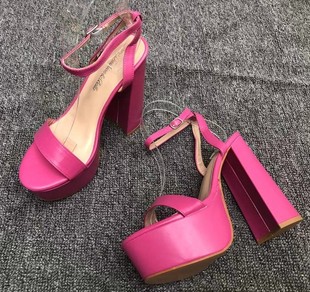 一字带粗跟凉鞋粉红色超高跟14cm夜场性感，欧美风防水台简约时尚