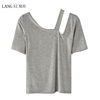 露肩短袖T恤女2023夏季韩版斜肩设计感时尚修身经典灰色上衣