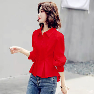 衬衫女前短后长上衣日系少女士，减龄洋气红色，小衫褂收腰遮肚雪纺衫