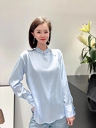 气质衬衫女高级感独特设计新中式国风盘扣立领蓝色衬衣打底衫上衣