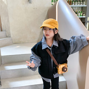 春秋童装女童假两件外套修身韩版洋气儿童，格子款式宽松版上衣