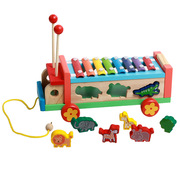 木妈妈儿童益智立体动物拖拉车敲琴形状配对拖拉八音琴车积木玩具