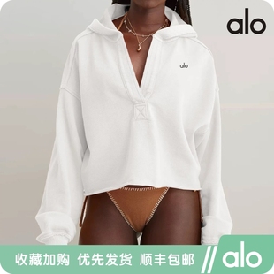 alo yoga连帽卫衣女春秋欧美宽松瑜伽套头衫v领长袖上衣针织外套