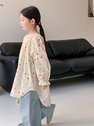 韩系女童衬衫2024春款彩色，圆点中长款衬衫裙，宝宝宽松圆领娃娃上衣