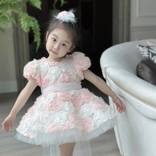 阿米童装女童夏季连衣裙，韩版洋气法式立体玫瑰，花瓣甜美公主礼服裙