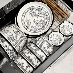 小香风系列2023陶瓷，碗盘家用高颜值黑白山茶花法式高级感餐具