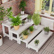 阶梯花架实木梯形单个多层落地式脚踏花凳阳台，庭院防腐白色花盆架