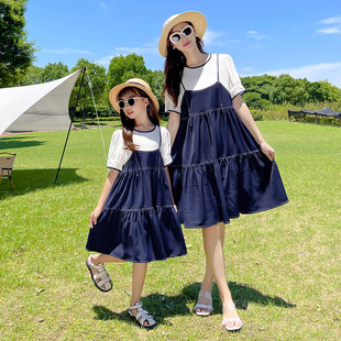 高端亲子装2024夏季母女装雪纺连衣裙假两件洋气韩版夏装裙子