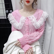 春秋2024蕾丝拼接娃娃领衬衫女设计感小众宽松洋气褶皱上衣