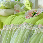 ins小清新绿色四件套少女心，公主蕾丝白纱花边床裙单双人(单双人)床上用品